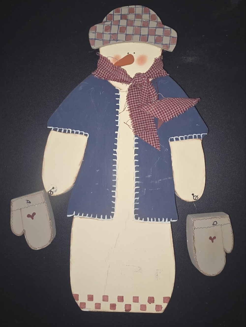 Folk Art Snowman Wall Hanging - Blue Coat, Plaid Hat